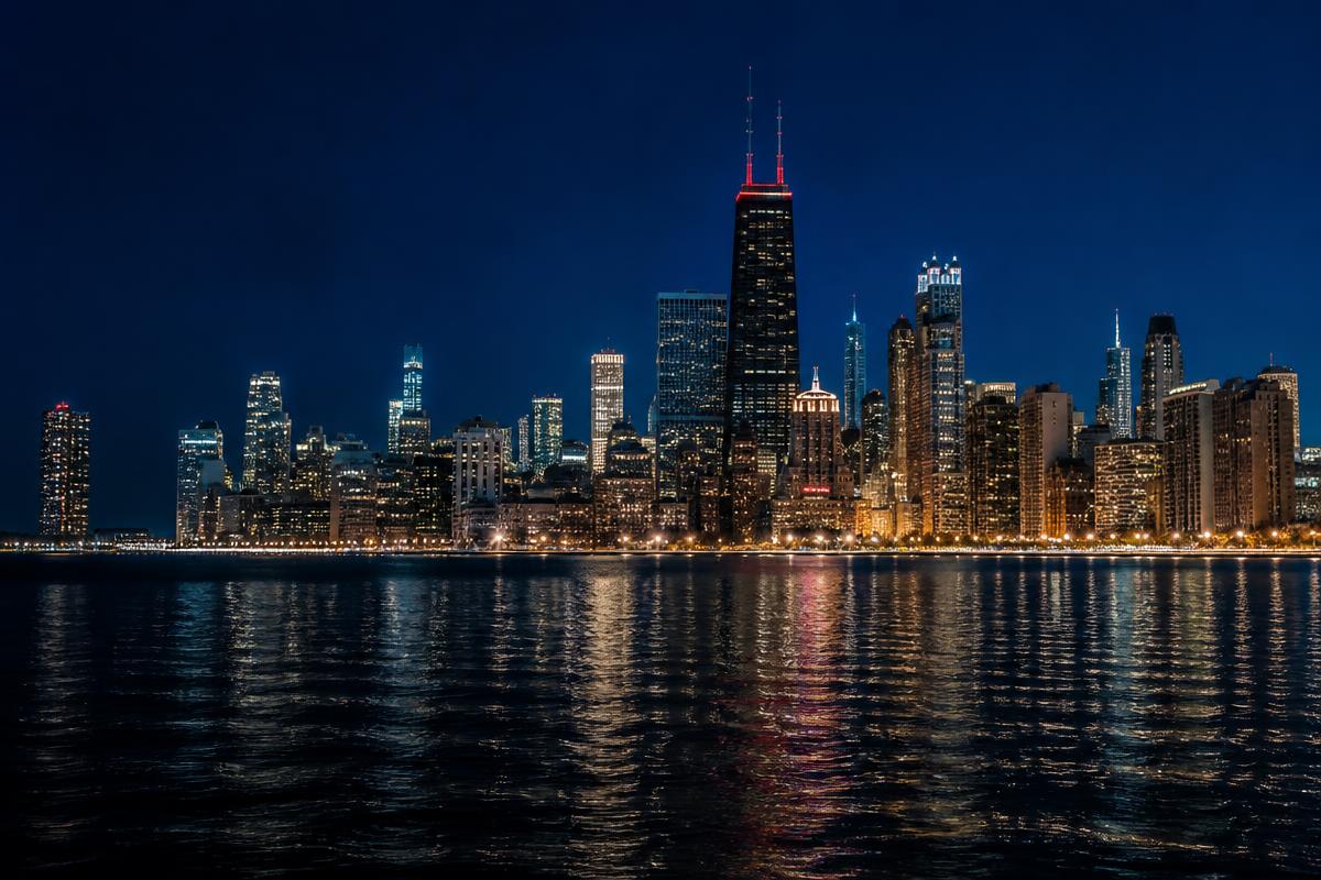 Cinematic aerial view of the Chicago skyline at dusk along Lake Michigan