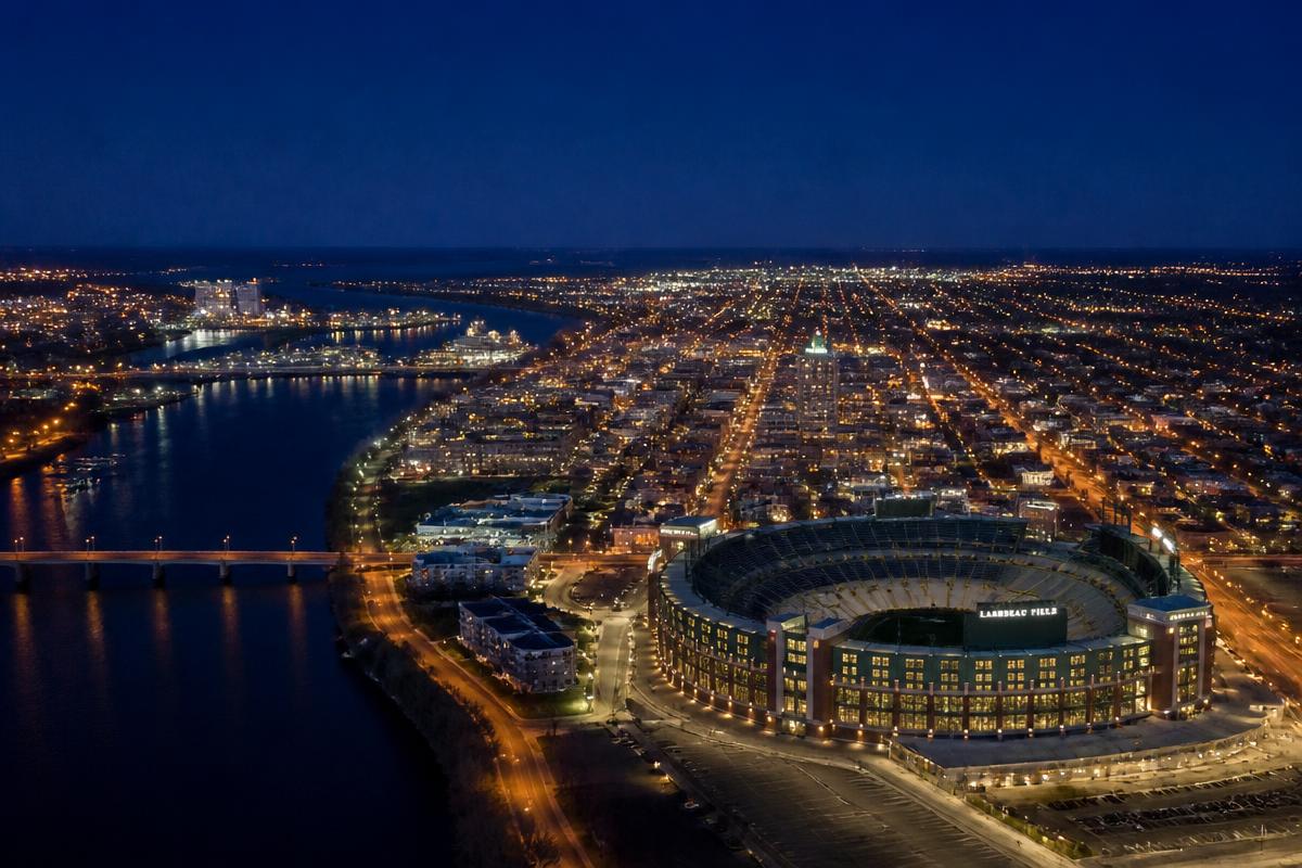 Cinematic aerial view of Green Bay Wisconsin at dusk with Lambeau Field and the Fox River