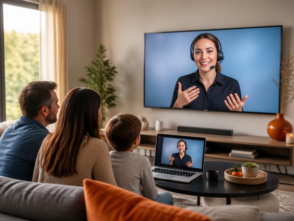 Family connecting with a professional video remote interpreter from home