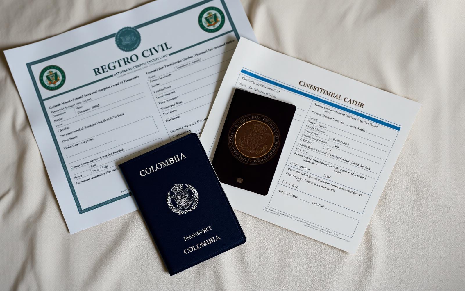 Colombian Registro Civil documents and school transcript alongside a Colombian passport