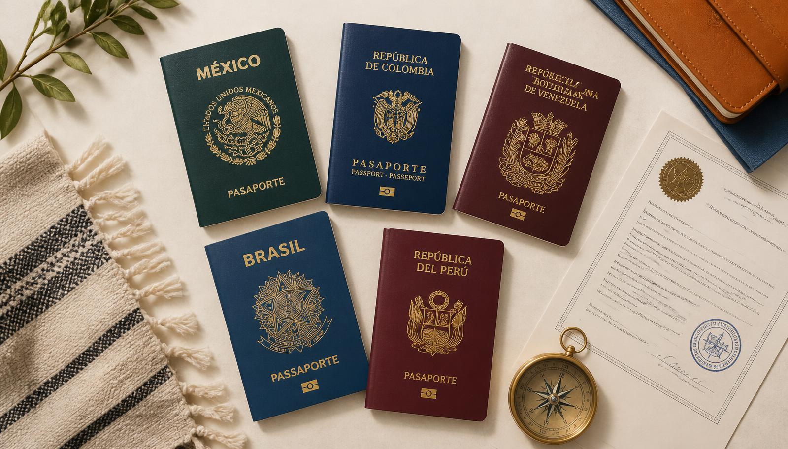 Passports from Mexico, Colombia, Venezuela, Brazil, and Peru with certified translation document