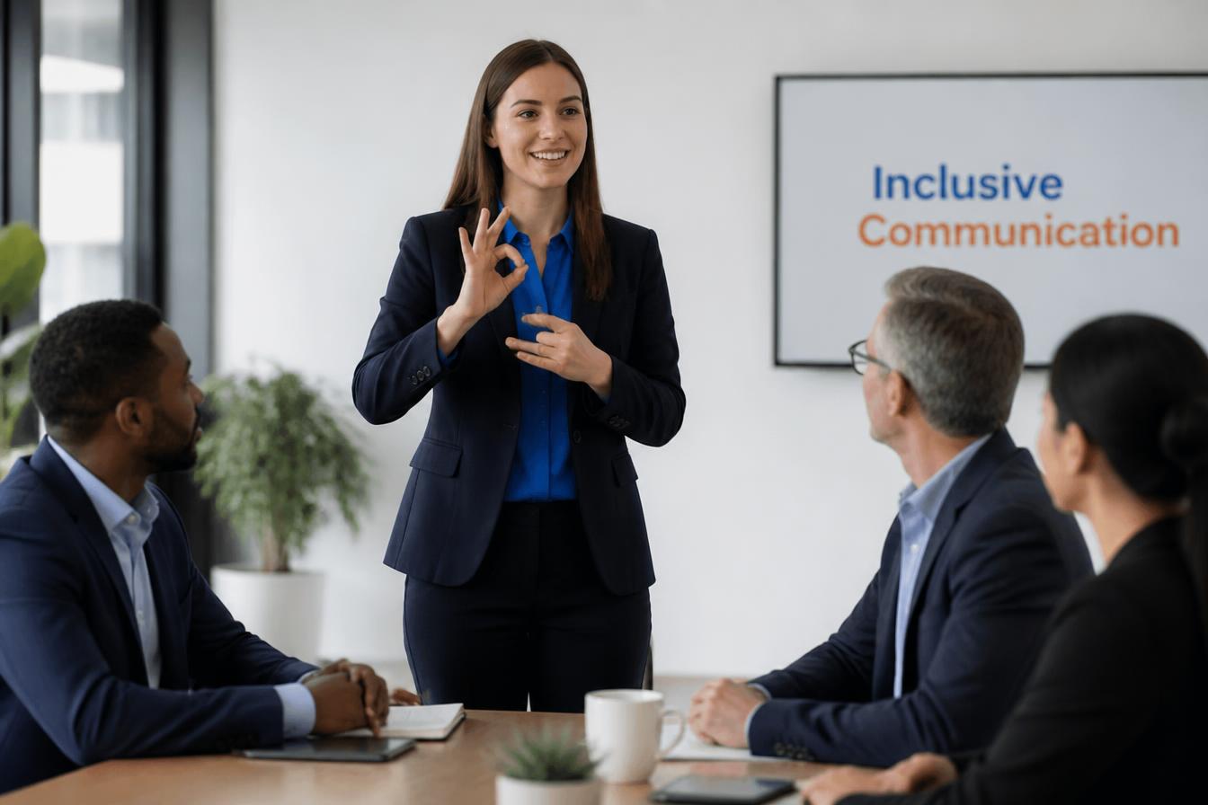 Professional interpreter facilitating communication in a business meeting