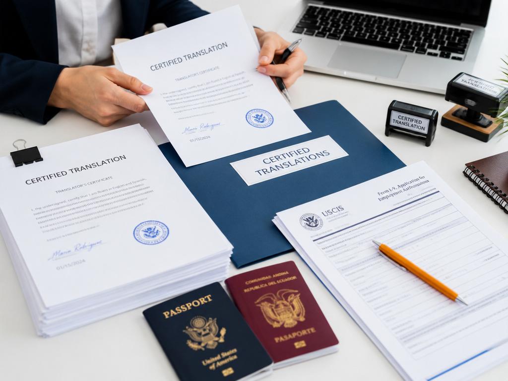 Certified translation documents and USCIS paperwork reviewed by a professional translator