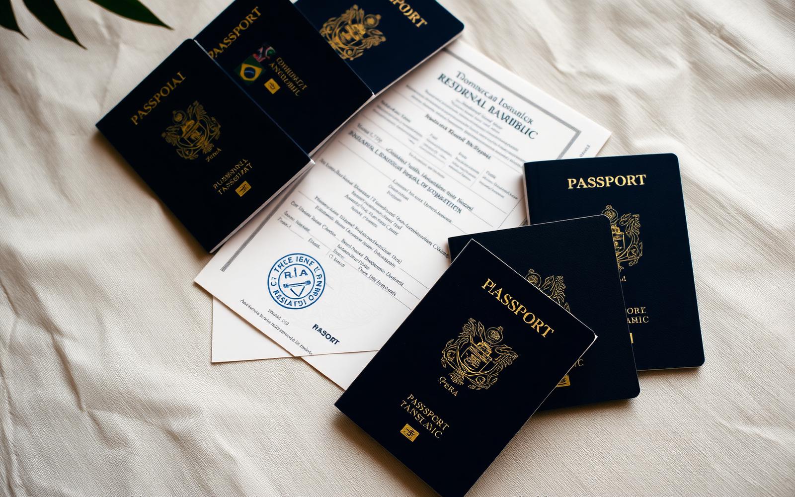 Multiple Latin American and Caribbean passports fanned across a linen surface next to a certified translation document