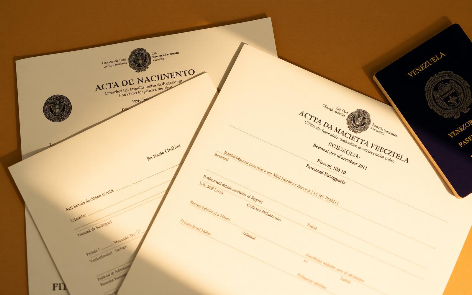 Venezuelan Acta de Nacimiento and Acta de Matrimonio documents next to a Venezuelan passport on a warm neutral surface