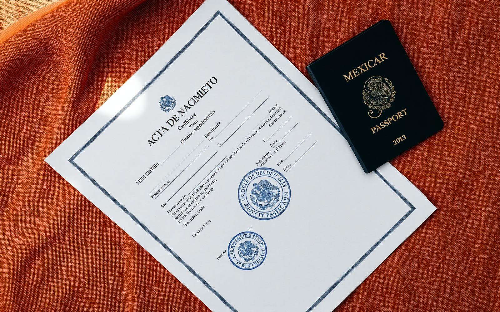 Mexican Acta de Nacimiento (birth certificate) with official Registro Civil seal beside a Mexican passport