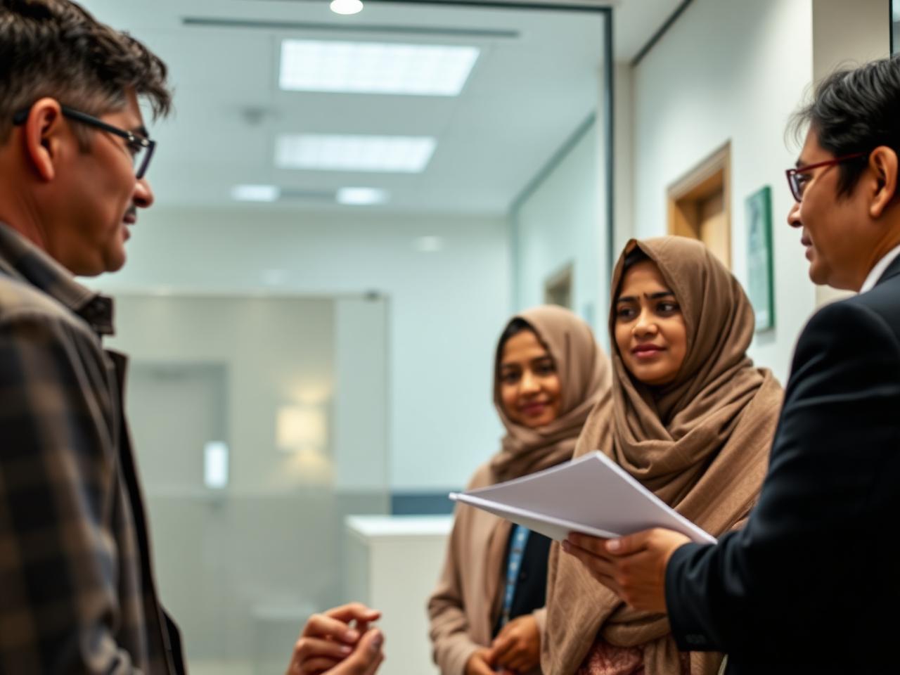 Rohingya interpreter with a South Asian family in a legal office