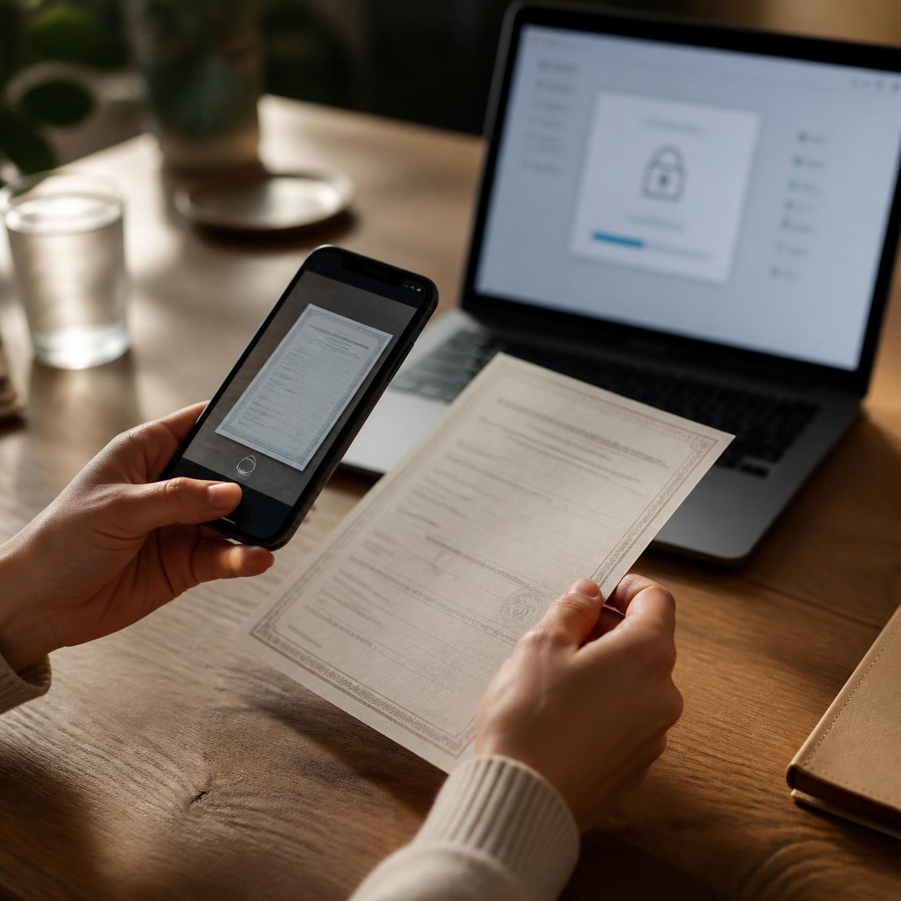 Person scanning a document with a smartphone above a laptop
