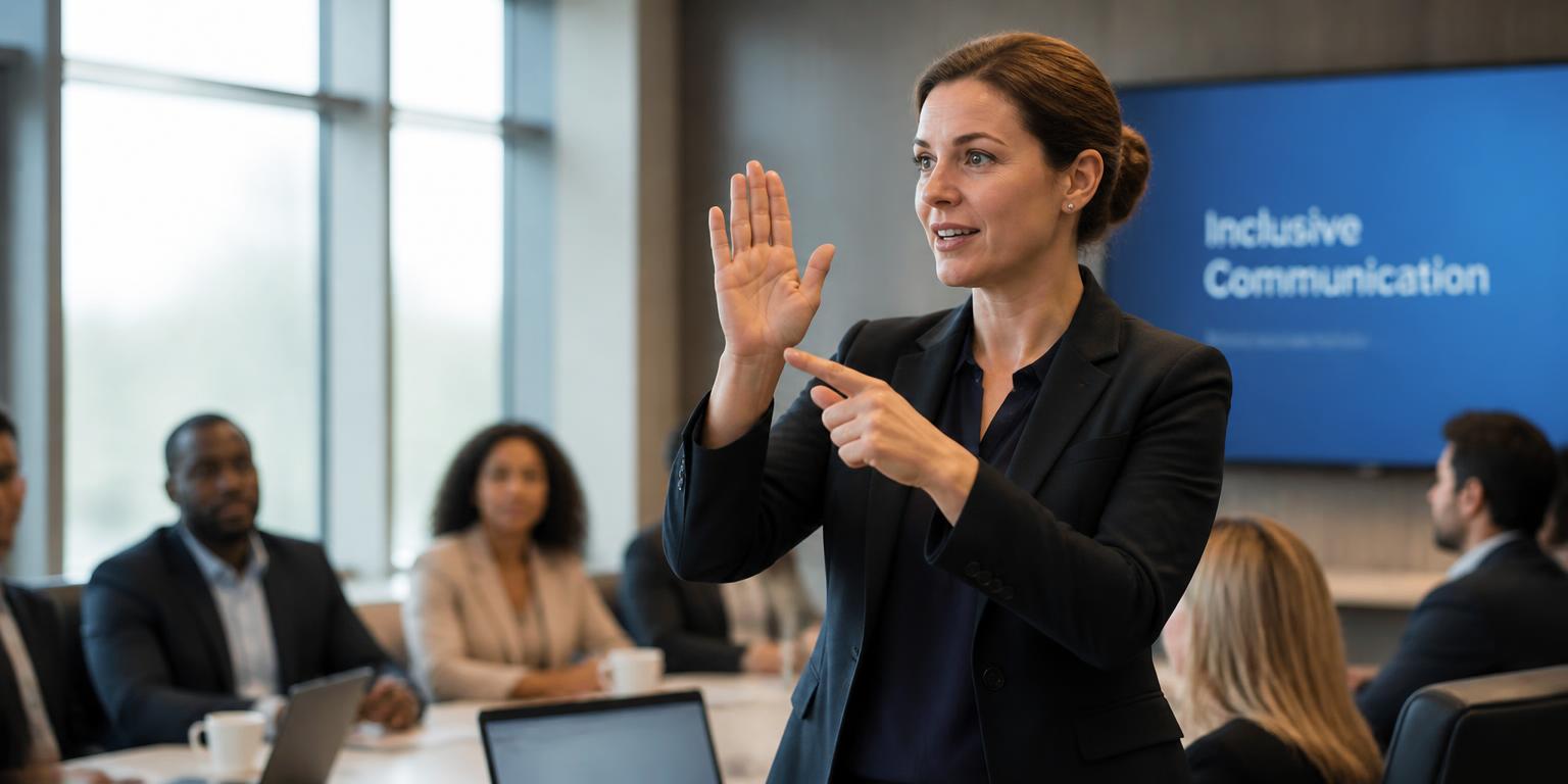 American Sign Language interpreter signing in a conference room