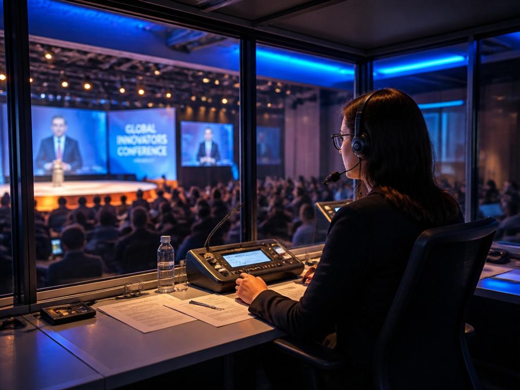 Conference interpreter working in a professional interpreting booth