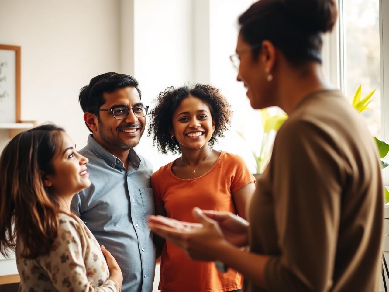 Spanish interpreter with a Latin American family in a bright community office