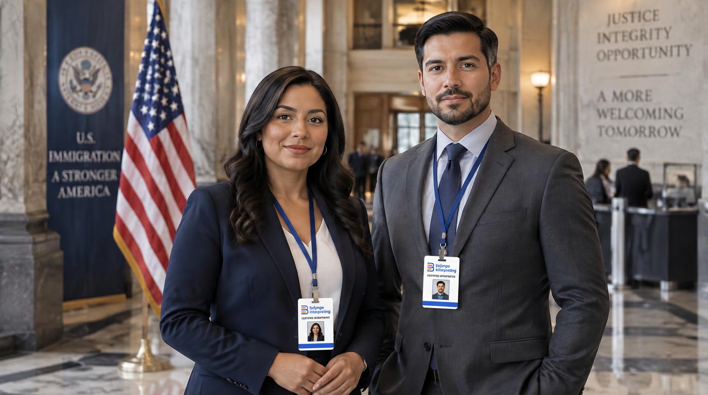 Two Bylyngo certified interpreters wearing Bylyngo ID badges on lanyards, standing in a U.S. immigration office lobby with an American flag